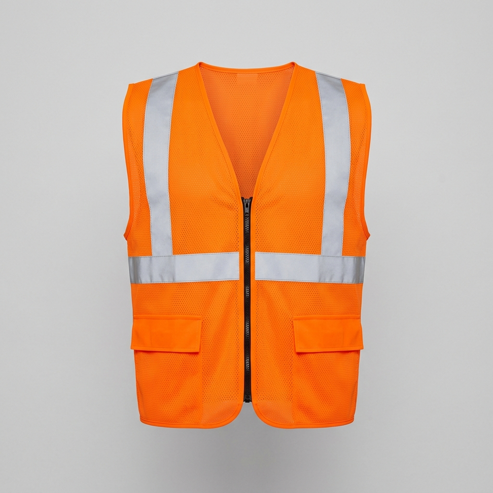 Placeholder mockup - blank hi-vis orange safety vest, Southcreek Construction logo to be added
