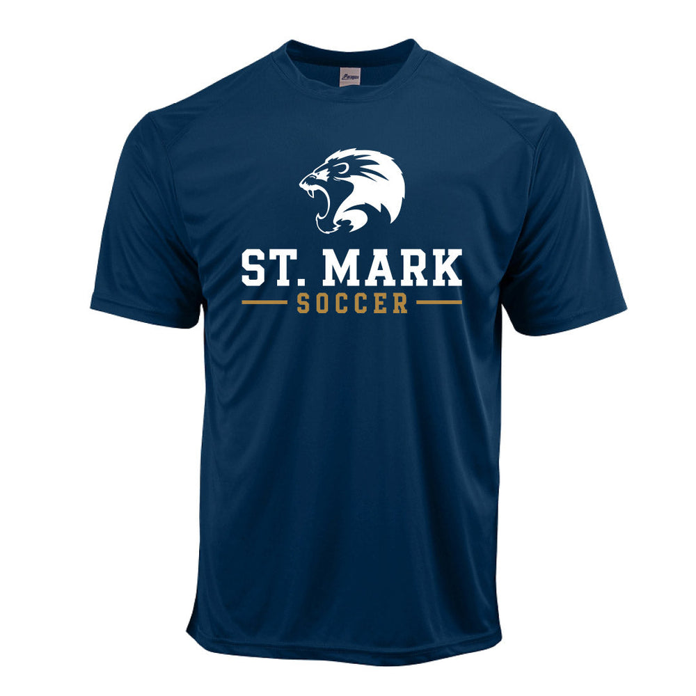 St. Mark Soccer training shirt in navy, front view, with the Lion crest and ST. MARK SOCCER lockup