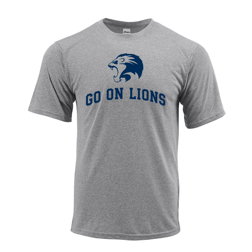 St. Mark Soccer adult performance shirt in Trunk Gray with the Lion crest and arched GO ON LIONS print