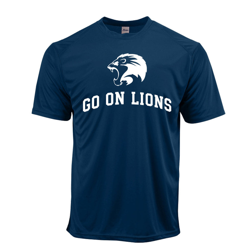 St. Mark Soccer adult performance shirt in Navy with the Lion crest and arched GO ON LIONS print