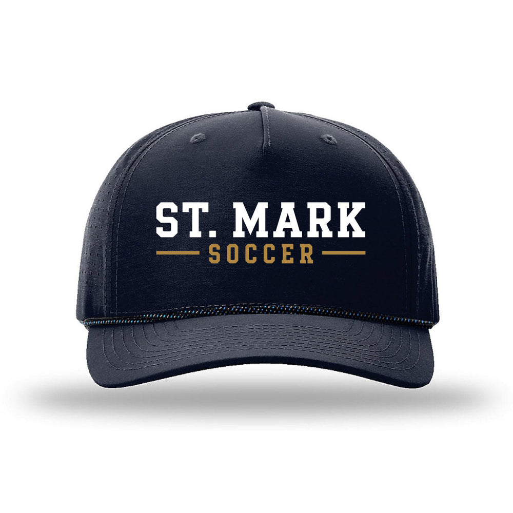 Navy St. Mark Soccer cap with the ST. MARK SOCCER lockup embroidered on the front panel