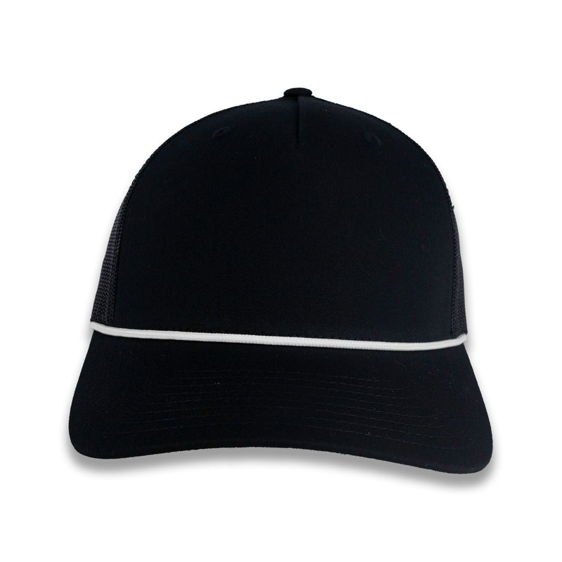 Richardson Five Panel Trucker with Rope Cap - Black with White Rope