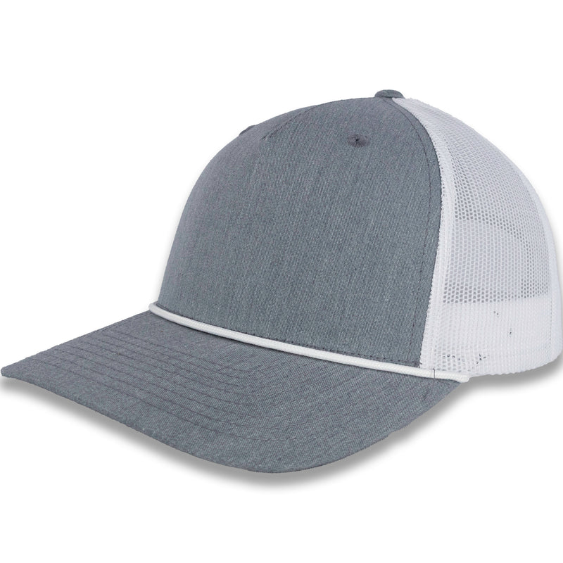 Richardson Five Panel Trucker with Rope Cap - Heather Gray with White Mesh and White Rope