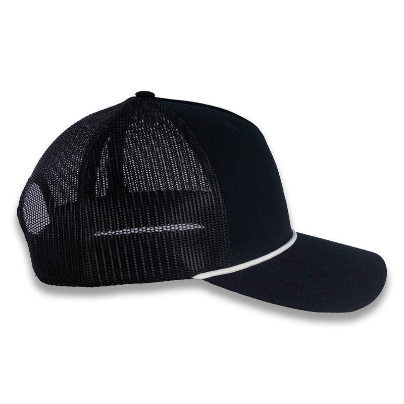 Richardson Five Panel Trucker with Rope Cap - Black with White Rope