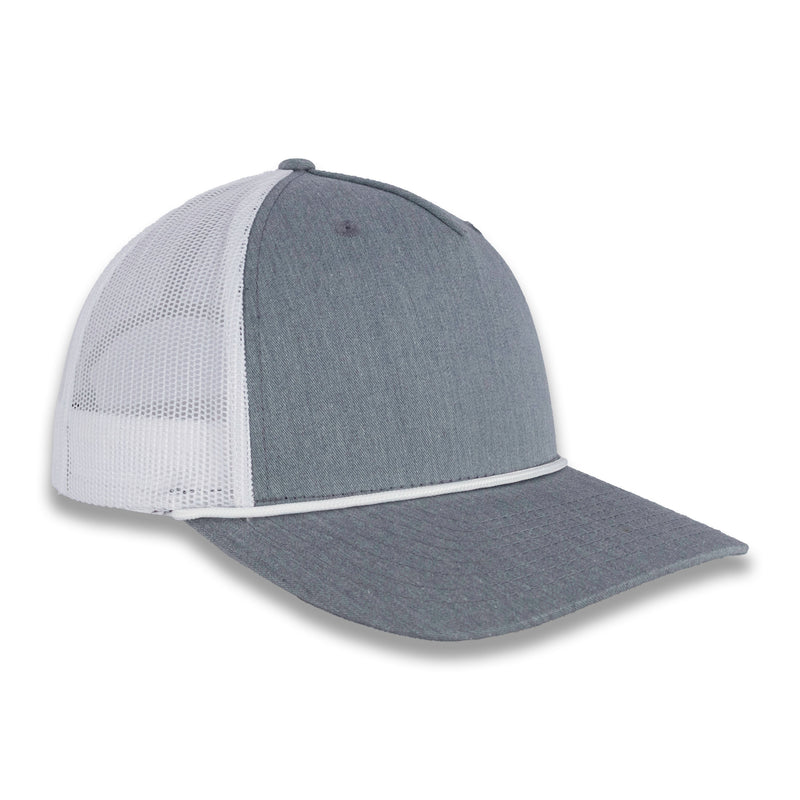 Richardson Five Panel Trucker with Rope Cap - Heather Gray with White Mesh and White Rope