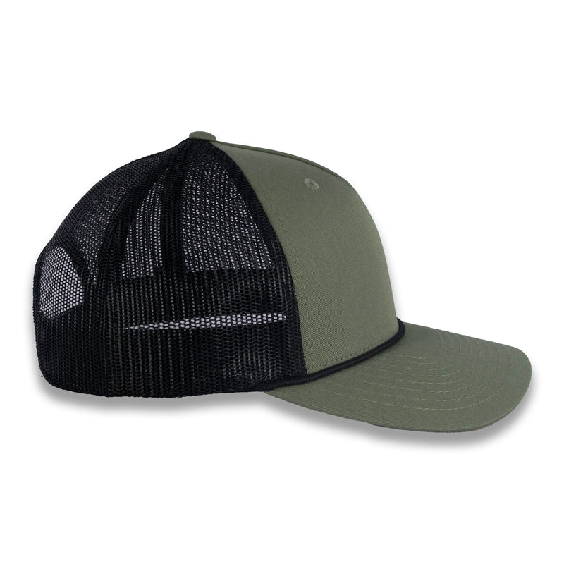 Richardson Five Panel Trucker with Rope Cap - Loden Green with Black Mesh and Black Rope