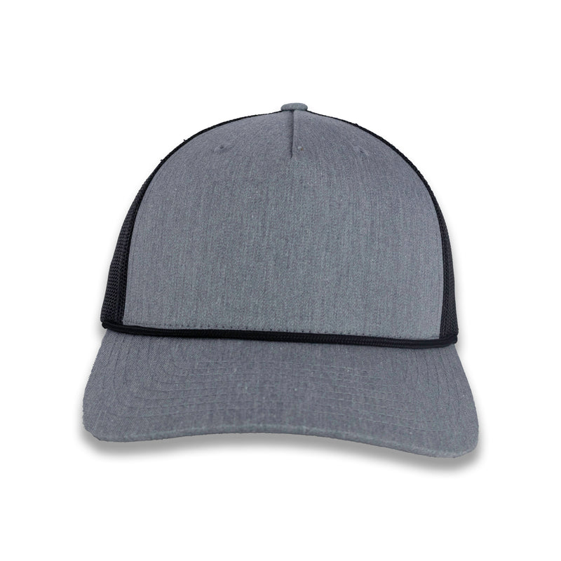 Richardson Five Panel Trucker with Rope Cap - Heather Gray with Black Mesh and Black Rope