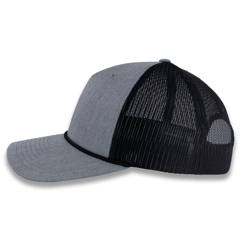 Richardson Five Panel Trucker with Rope Cap - Heather Gray with Black Mesh and Black Rope