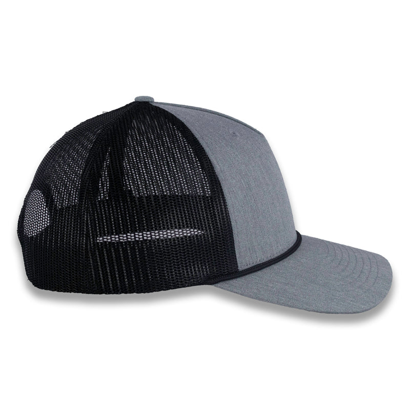 Richardson Five Panel Trucker with Rope Cap - Heather Gray with Black Mesh and Black Rope