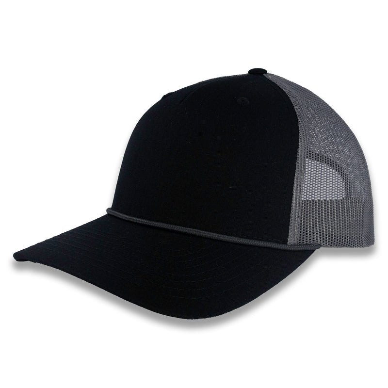 Richardson Five Panel Trucker with Rope Cap - Black With Charcoal Mesh and Charcoal Rope