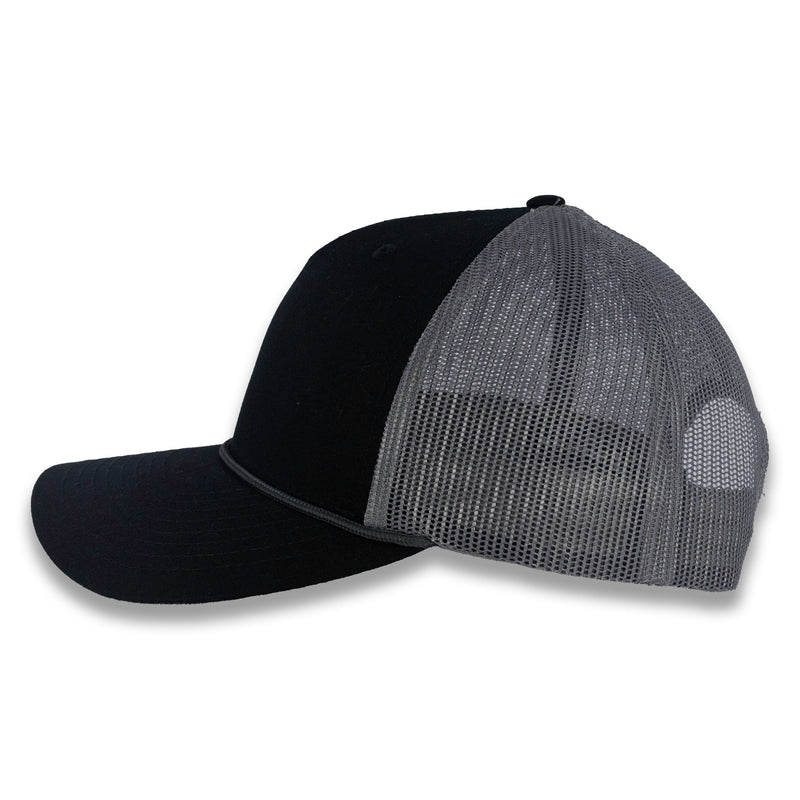 Richardson Five Panel Trucker with Rope Cap - Black With Charcoal Mesh and Charcoal Rope
