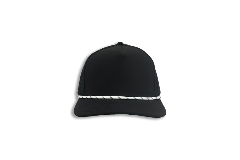 1010 Five-Panel Rope Performance Cap, Black with White Rope, front