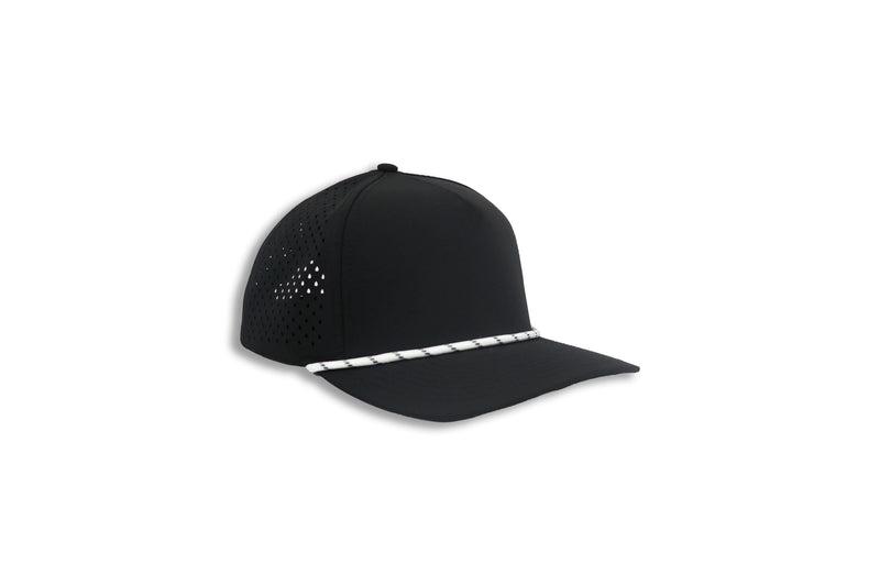 1010 Five-Panel Rope Performance Cap, Black with White Rope, left turn