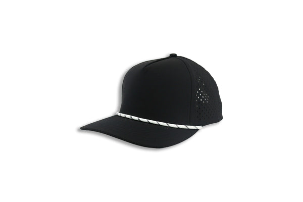 1010 Five-Panel Rope Performance Cap, Black with White Rope, right turn