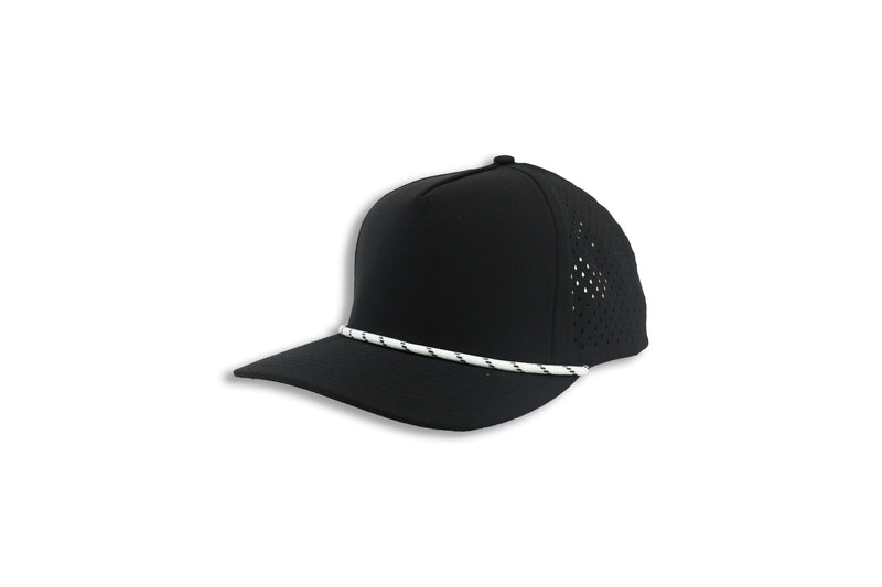 1010 Five-Panel Rope Performance Cap, Black with White Rope, right turn