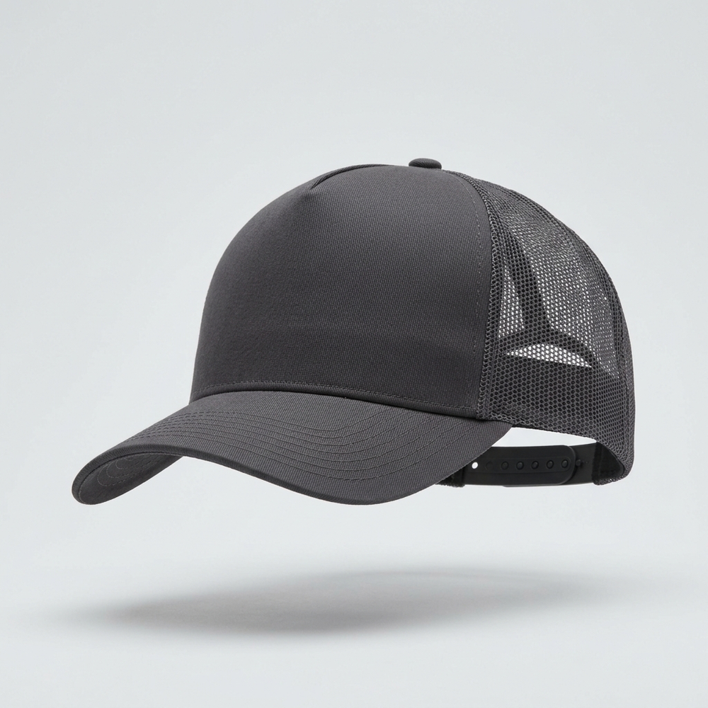 Placeholder mockup - blank charcoal mesh-back trucker cap, Southcreek Construction logo to be added