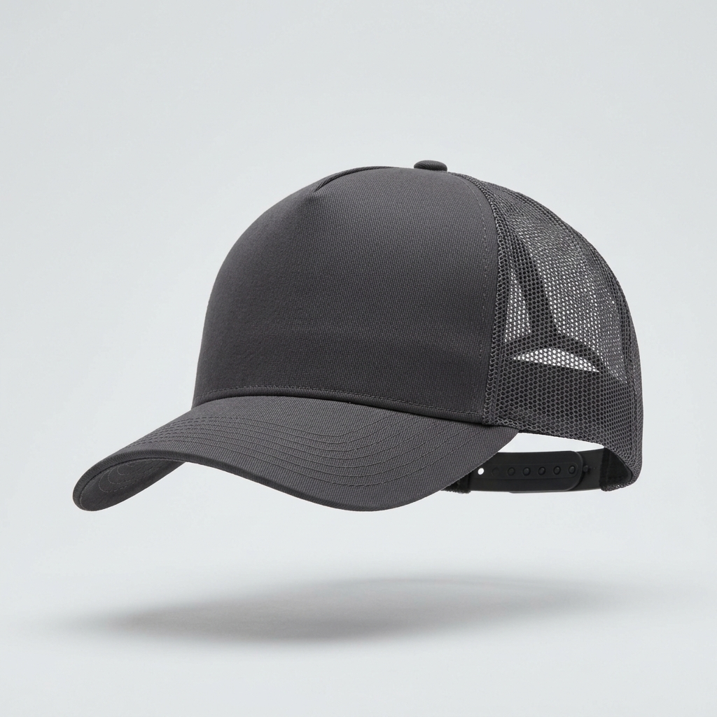 Placeholder mockup - blank charcoal mesh-back trucker cap, Southcreek Construction logo to be added