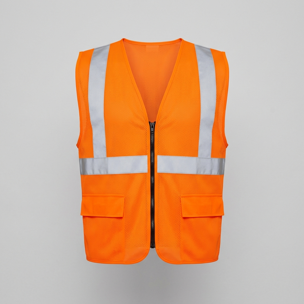 Placeholder mockup - blank hi-vis orange safety vest, Southcreek Construction logo to be added