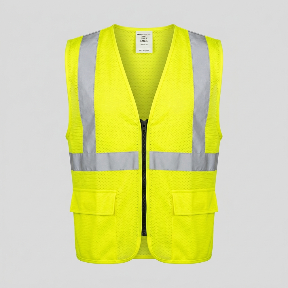 Placeholder mockup - blank hi-vis yellow safety vest, Southcreek Trucking logo to be added