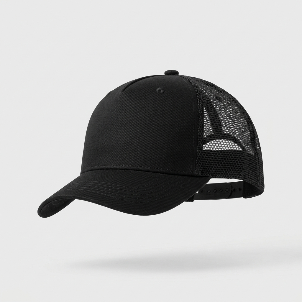Placeholder mockup - blank black mesh-back trucker cap, Southcreek Trucking logo to be added