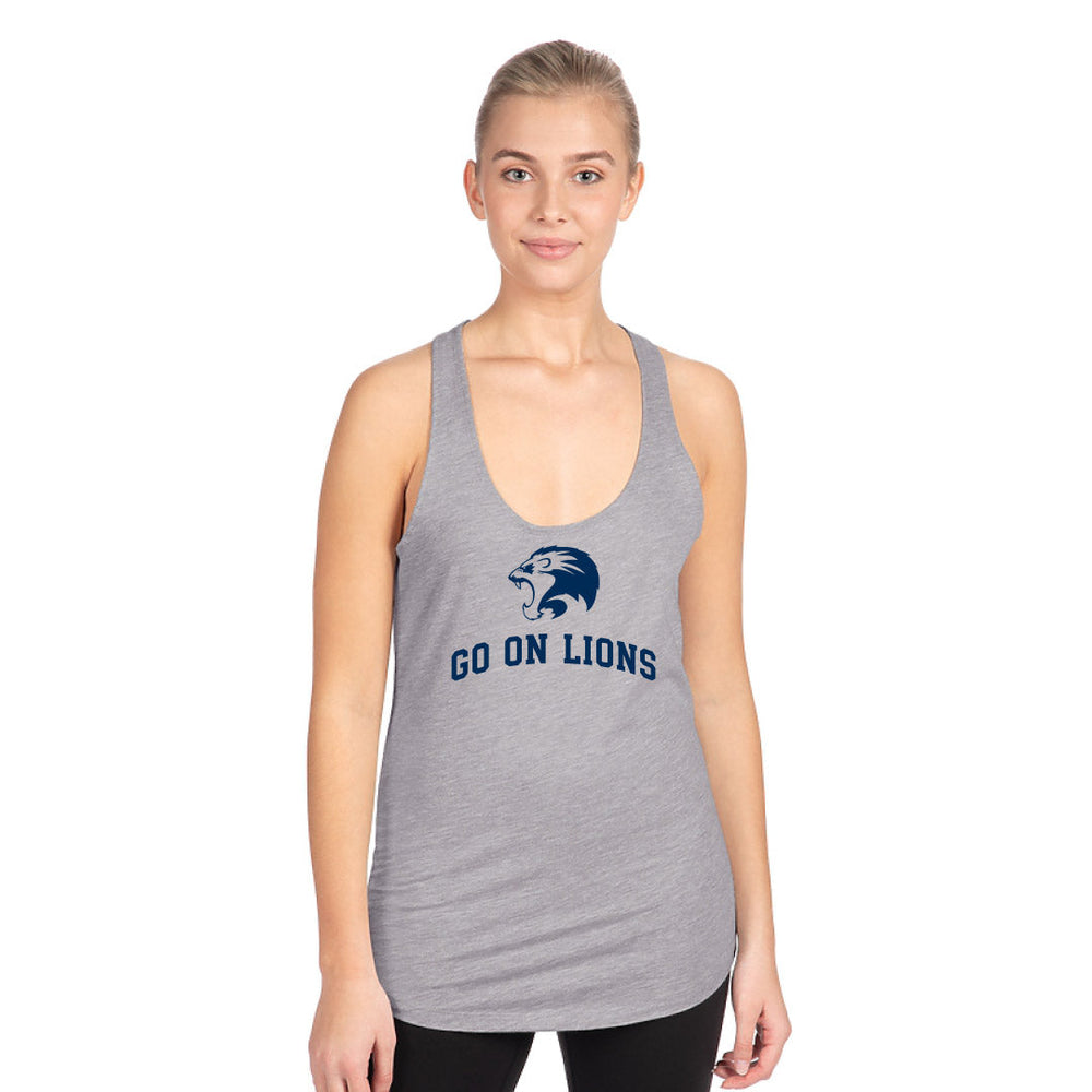 St. Mark Soccer racerback tank in Trunk Gray with the Lion crest and arched GO ON LIONS print