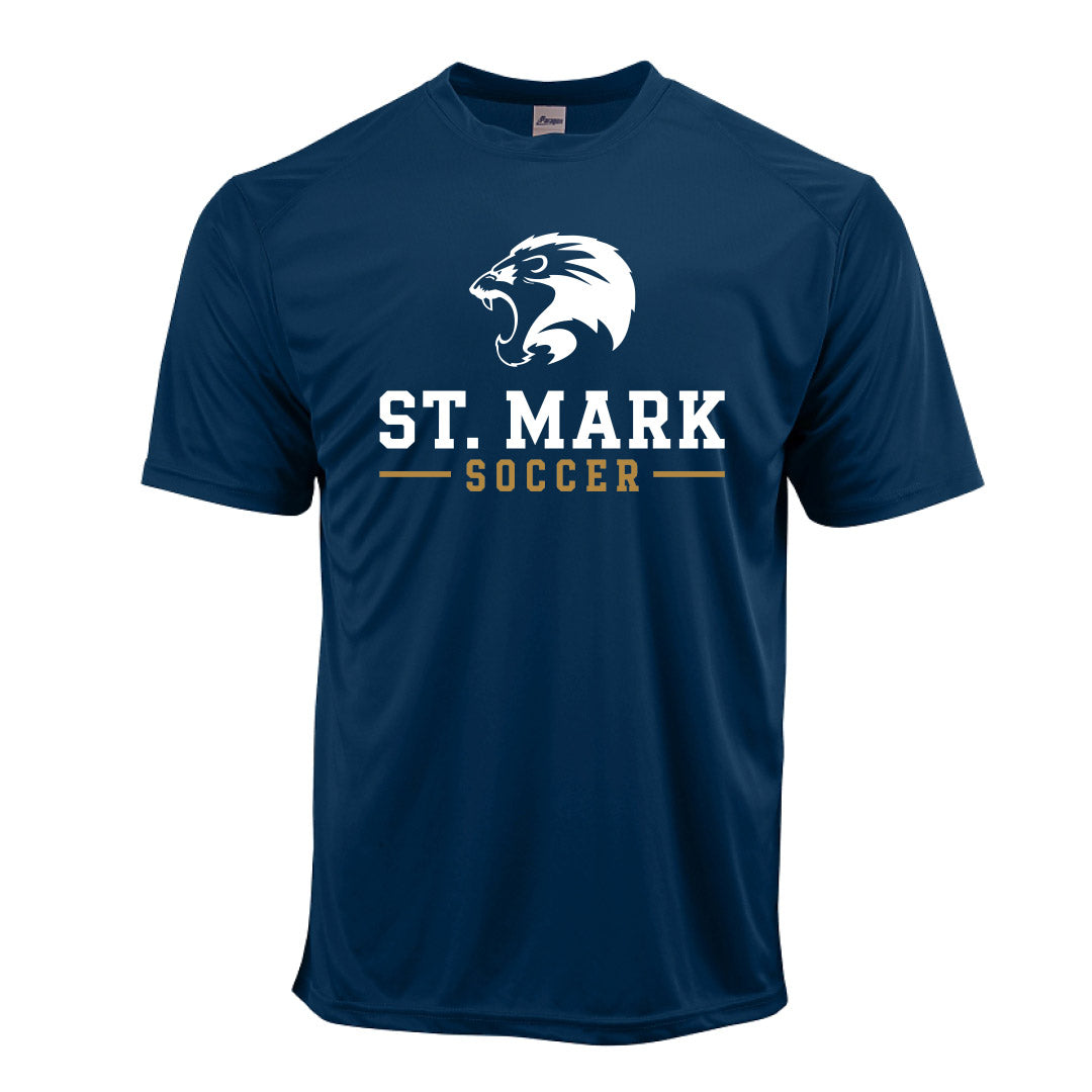 St. Mark Soccer training shirt in navy, front view, with the Lion crest and ST. MARK SOCCER lockup