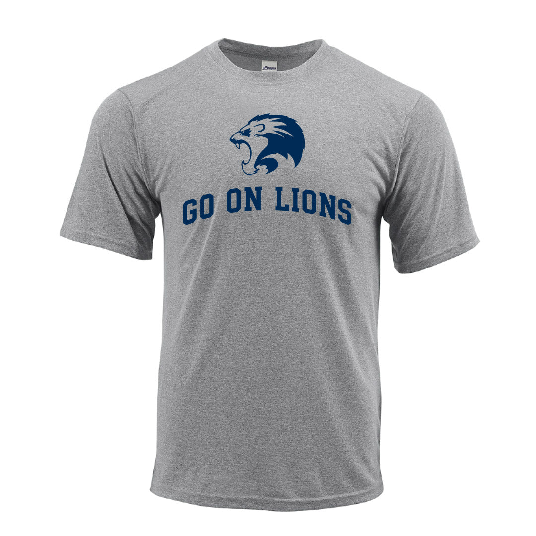St. Mark Soccer adult performance shirt in Trunk Gray with the Lion crest and arched GO ON LIONS print