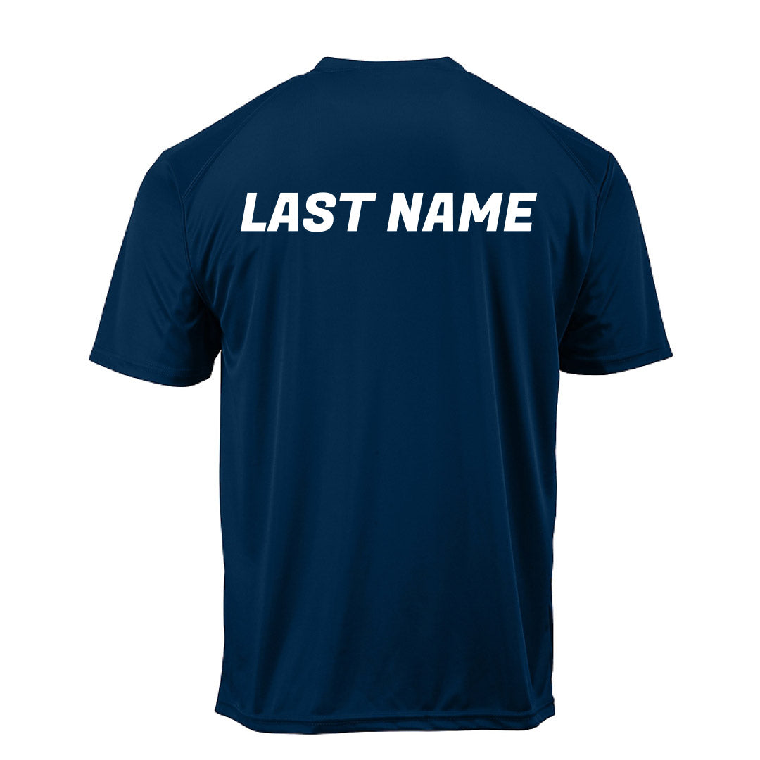Back of the navy St. Mark Soccer training shirt showing where the player's last name is printed
