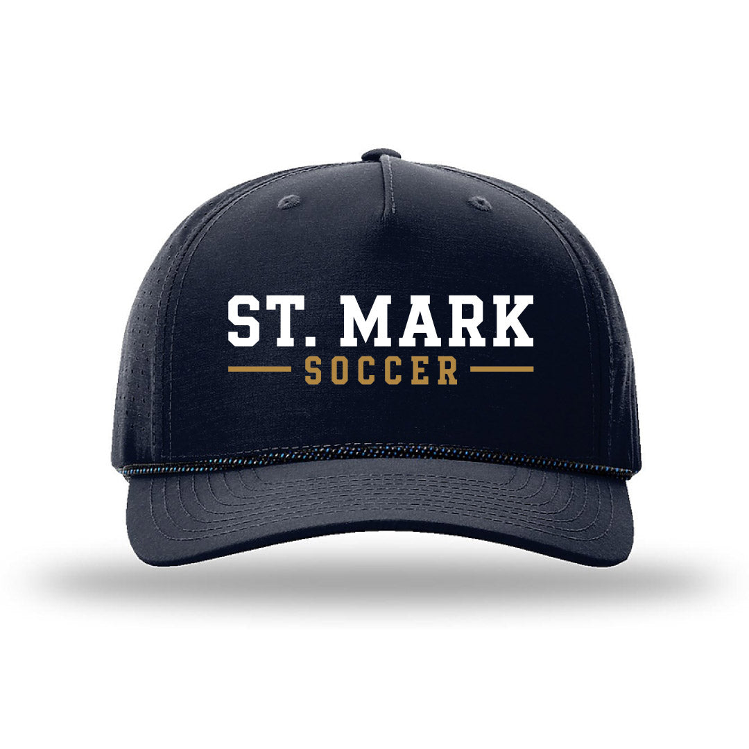 Navy St. Mark Soccer cap with the ST. MARK SOCCER lockup embroidered on the front panel