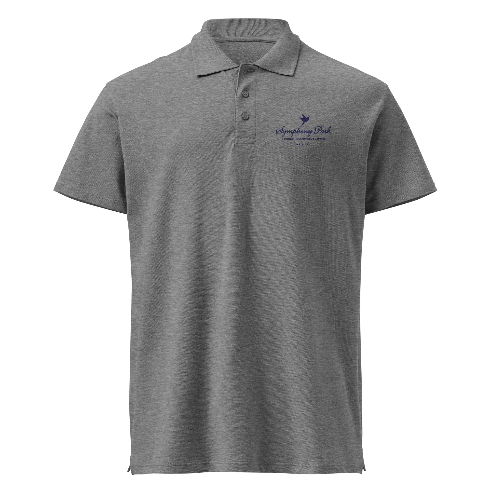 Grey Melange Symphony Park premium pique polo, front detail
