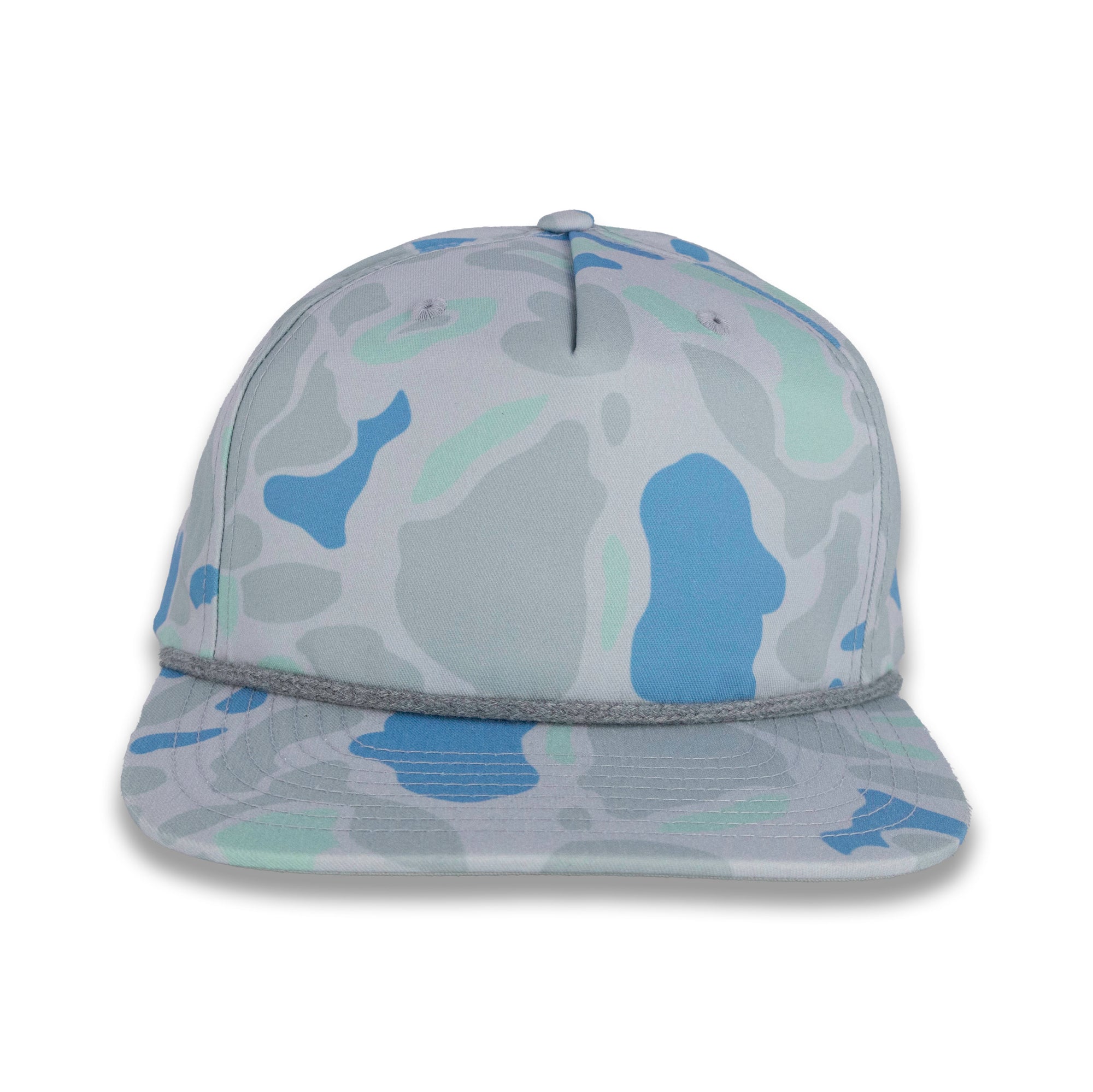 front view of gray and blue camouflage baseball cap on a gray background