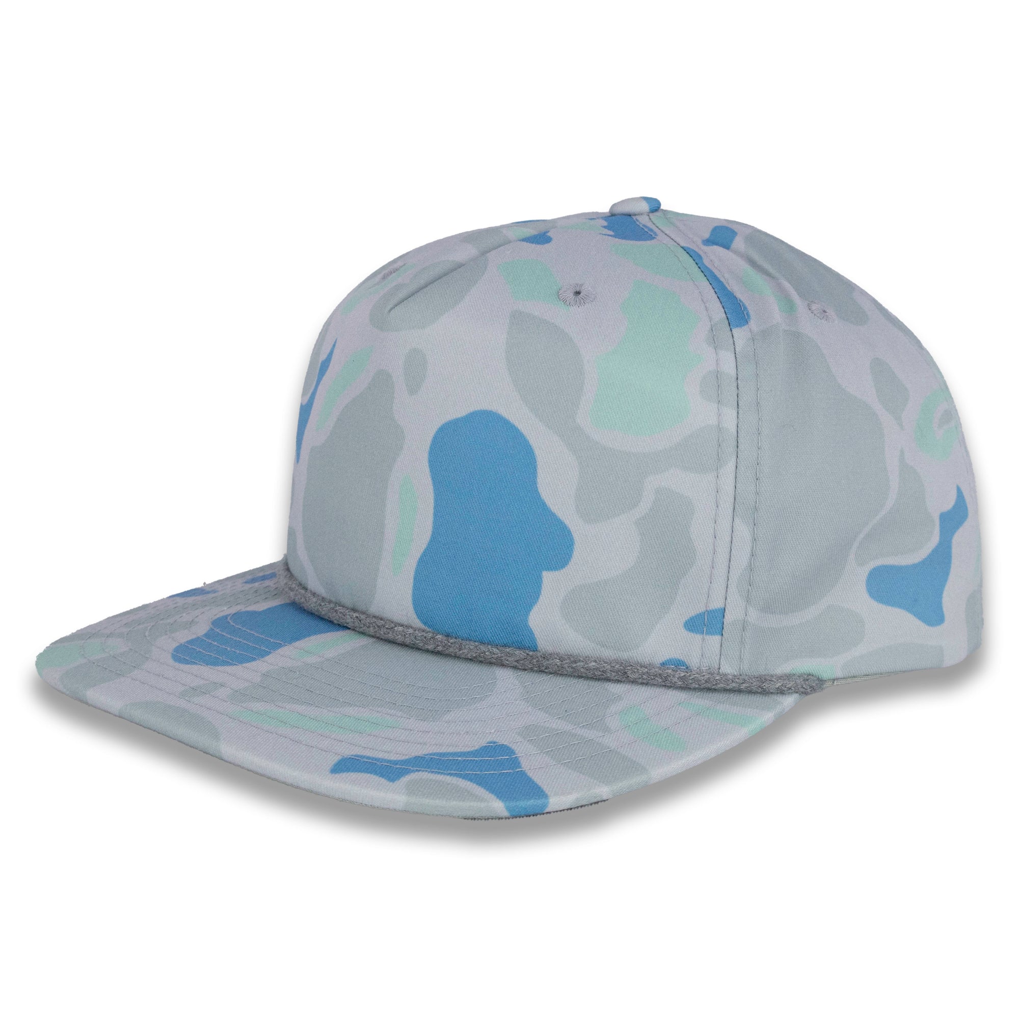 three-quarter view of gray and blue camouflage baseball cap on a gray background