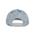back of gray and blue camouflage baseball cap on a gray background