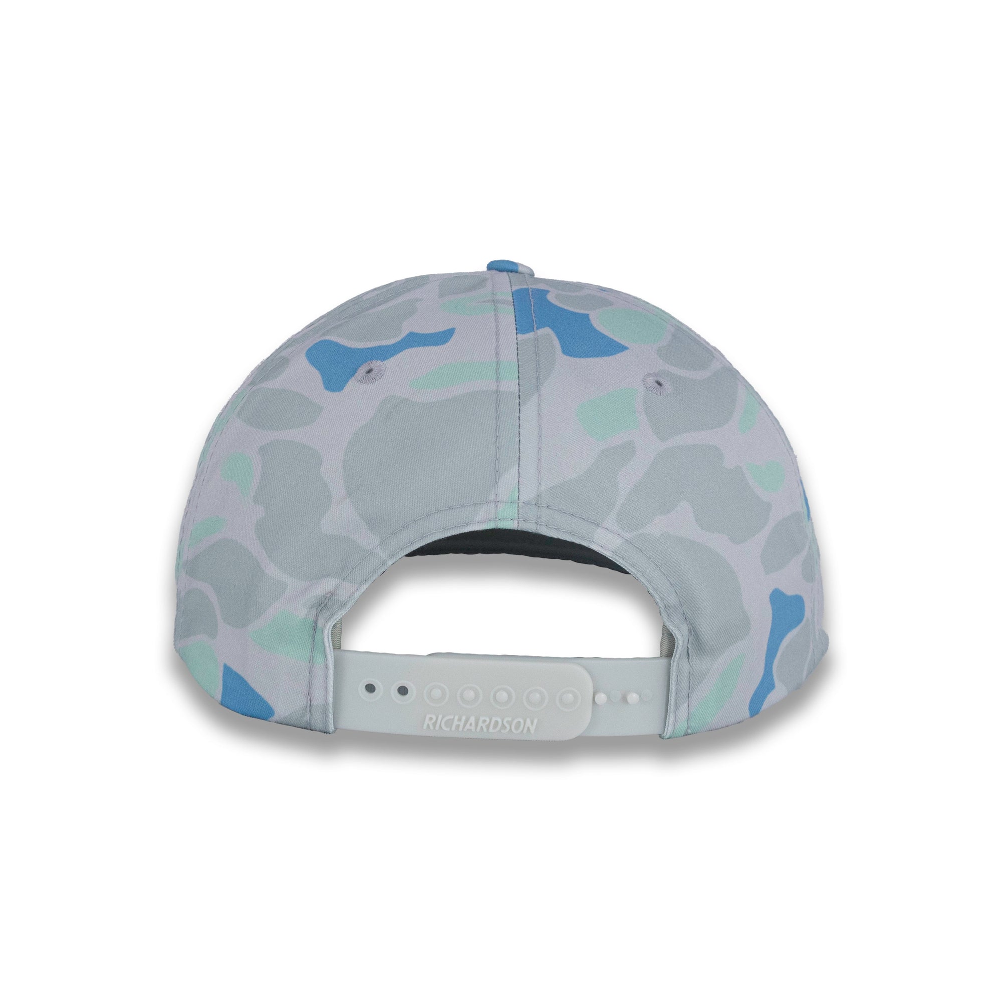 back of gray and blue camouflage baseball cap on a gray background