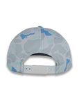 back of gray and blue camouflage baseball cap on a gray background