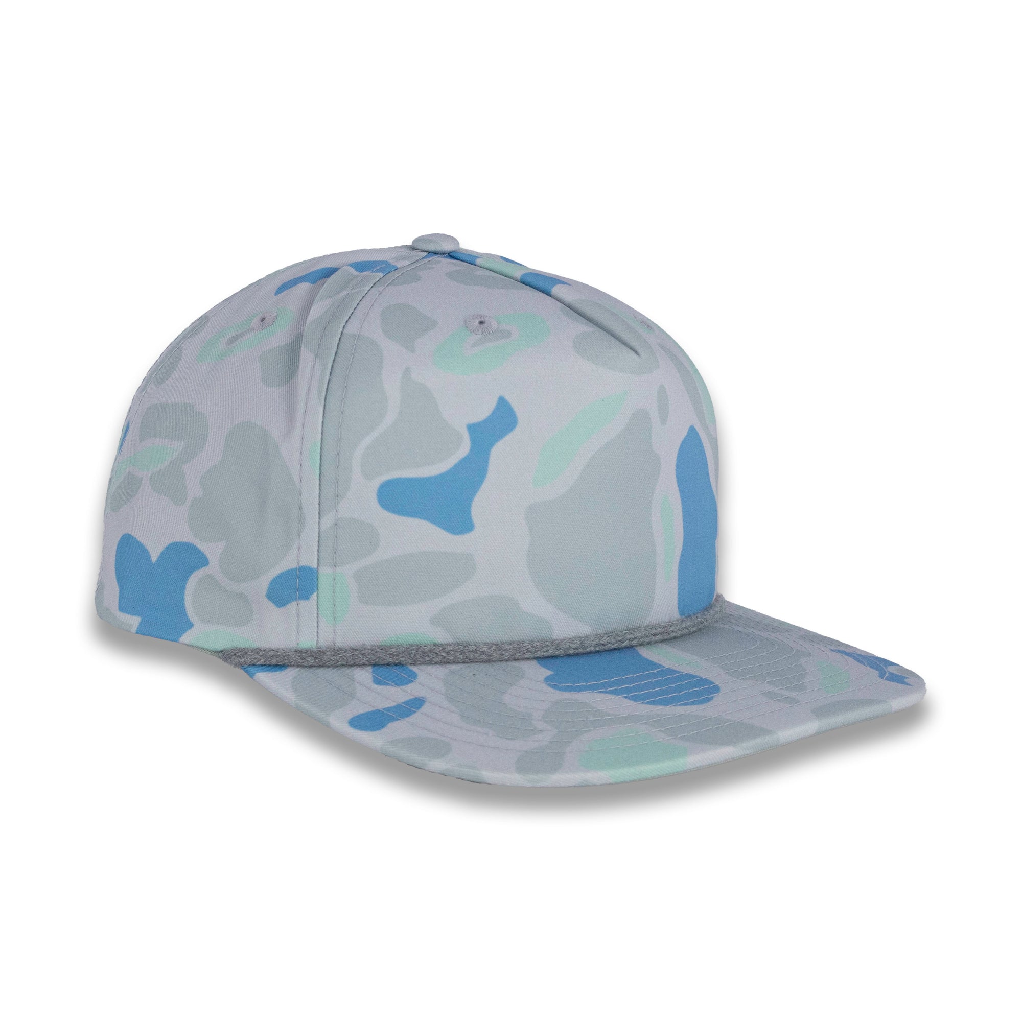 three-quarter view of gray and blue camouflage baseball cap on a gray background