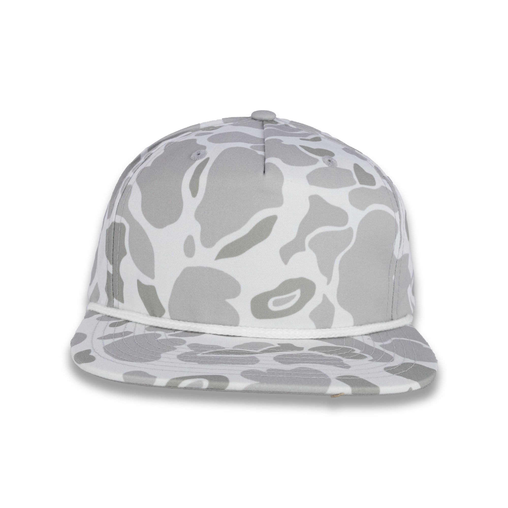 Front view of gray camouflage baseball cap on a white background