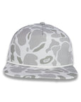 Front view of gray camouflage baseball cap on a white background