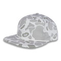 three-quarter view of gray camouflage baseball cap on a white background