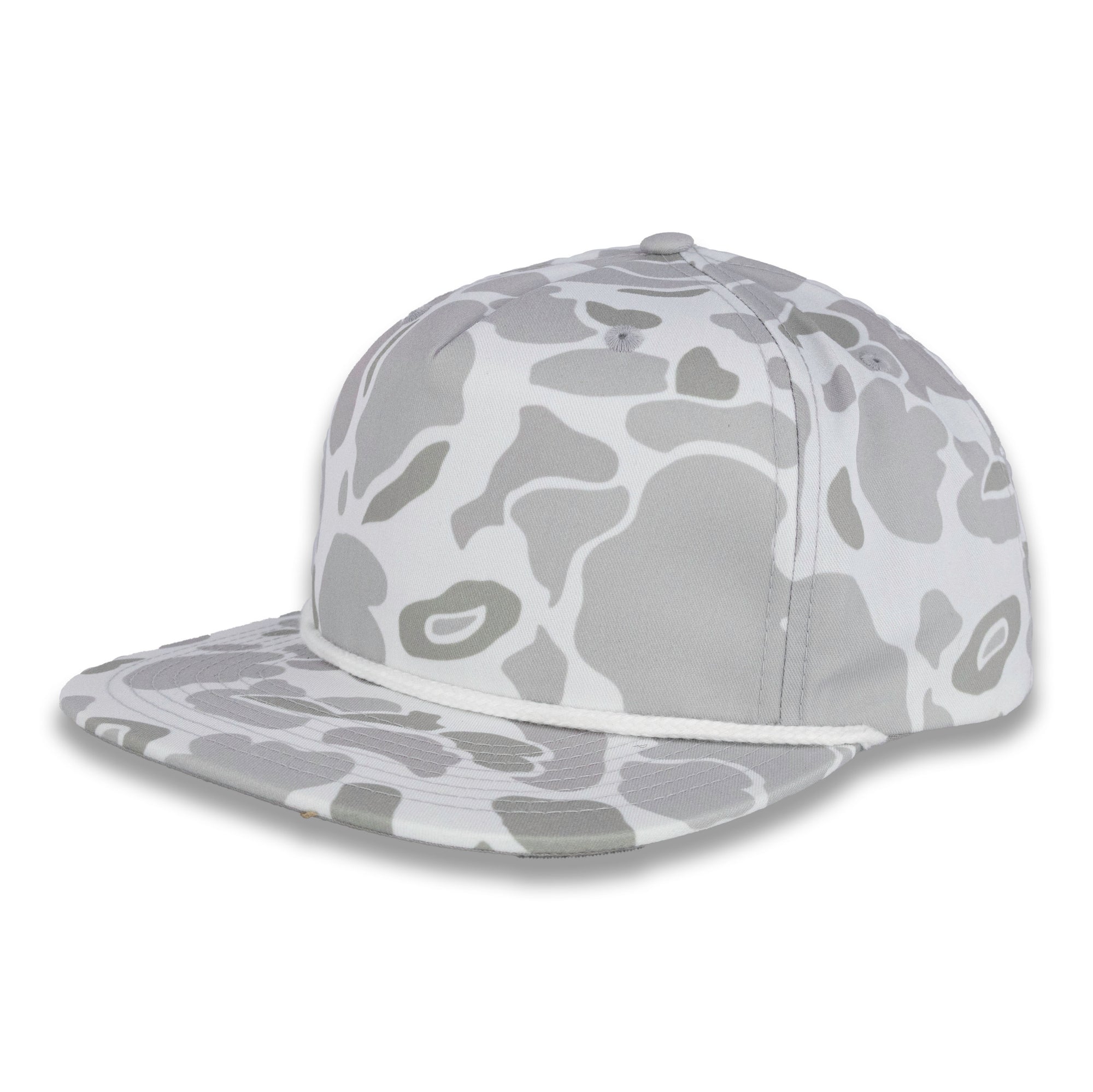 three-quarter view of gray camouflage baseball cap on a white background