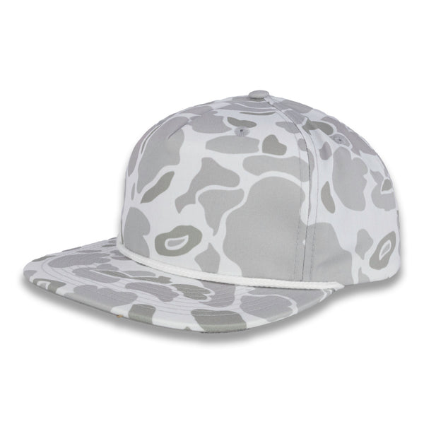 three-quarter view of gray camouflage baseball cap on a white background