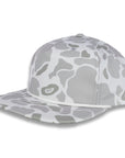 three-quarter view of gray camouflage baseball cap on a white background