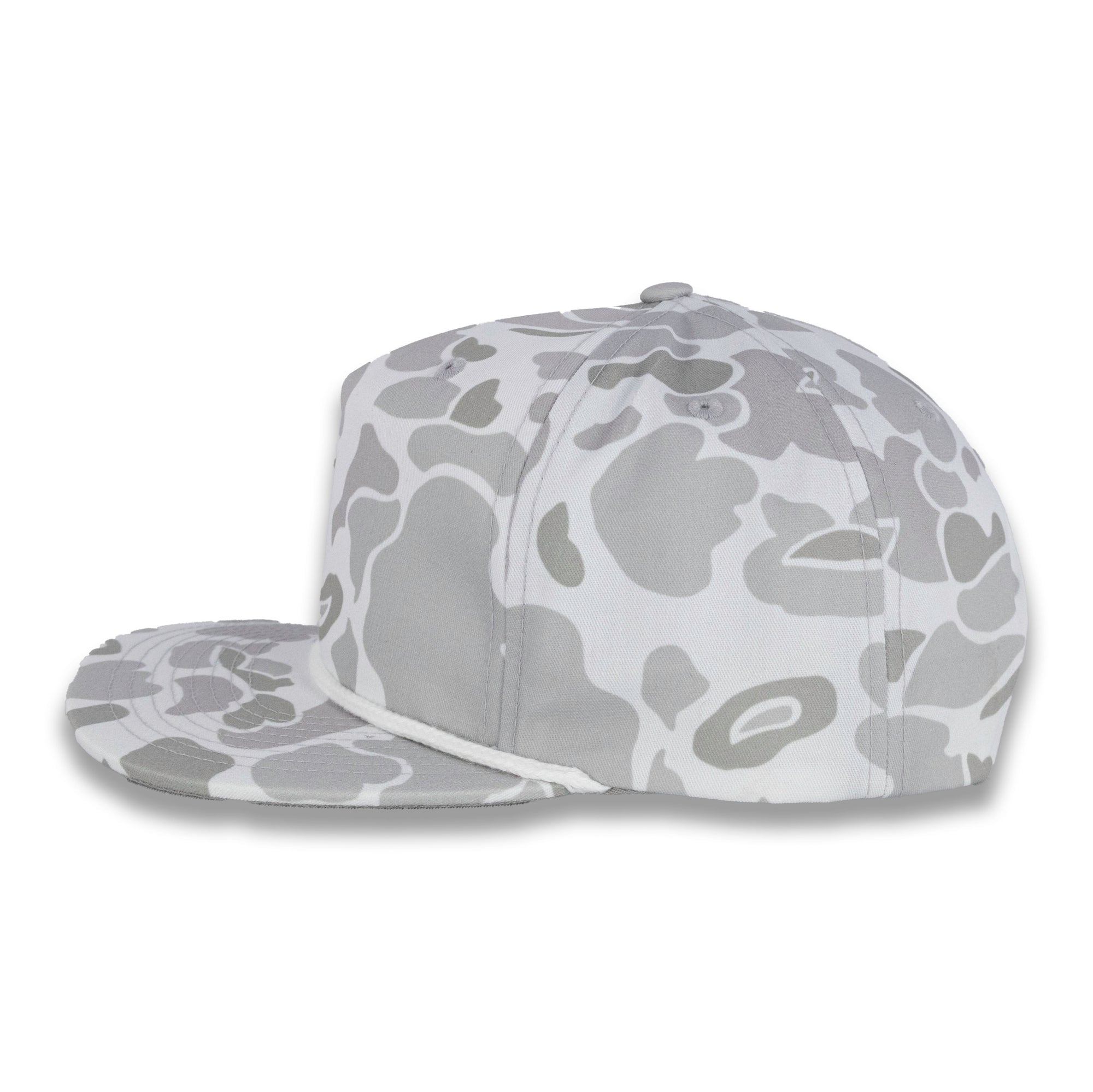 side view of gray camouflage baseball cap on a white background