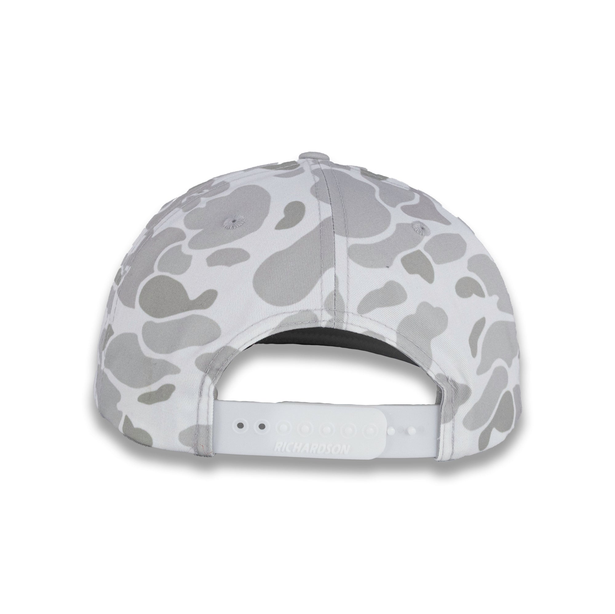 back of gray camouflage baseball cap on a white background