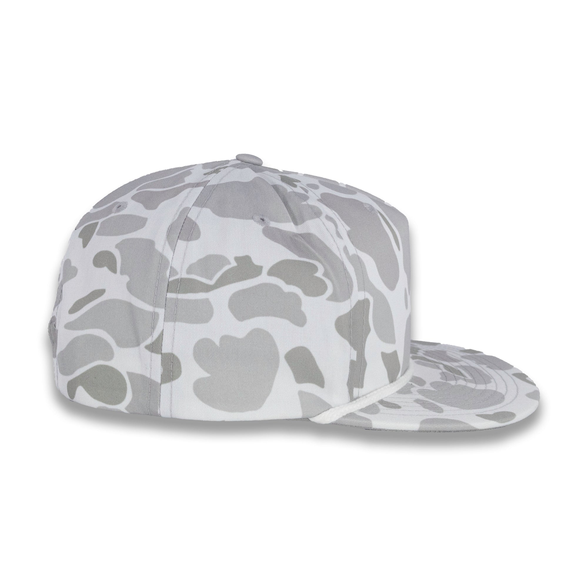right side view of gray camouflage baseball cap on a white background