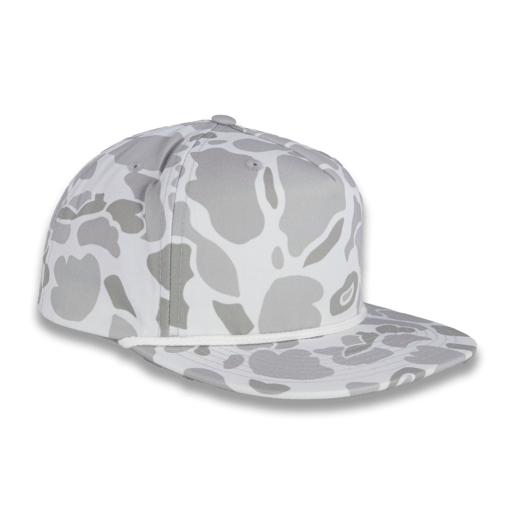 three quarter view of gray camouflage baseball cap on a white background