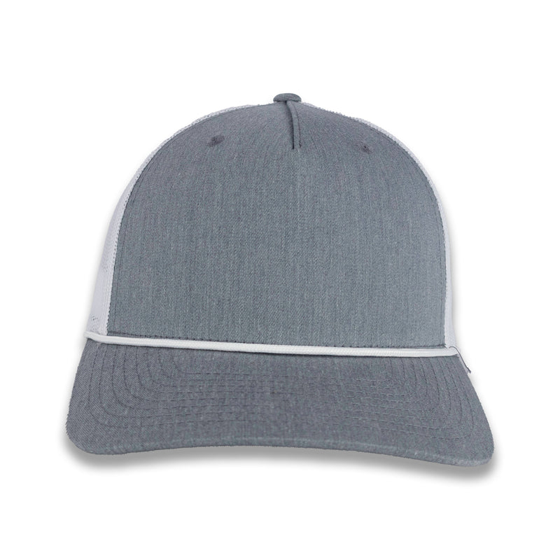 Richardson Five Panel Trucker with Rope Cap - Heather Gray with White Mesh and White Rope