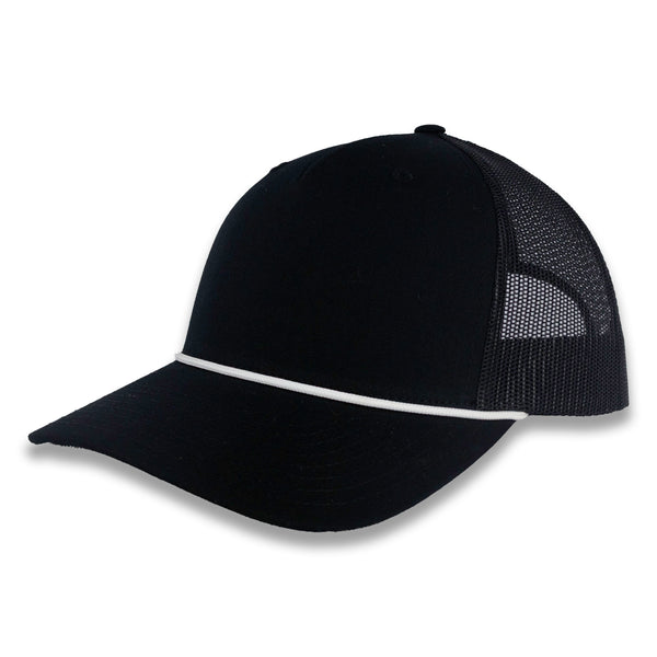Richardson Five Panel Trucker with Rope Cap - Black with White Rope