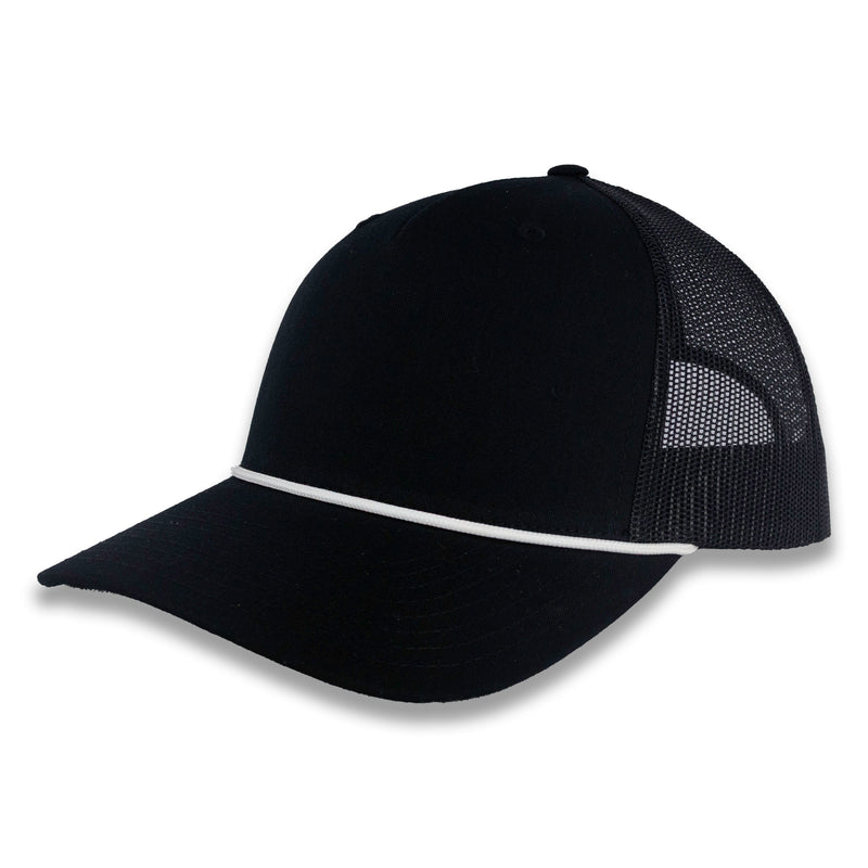 Richardson Five Panel Trucker with Rope Cap - Black with White Rope