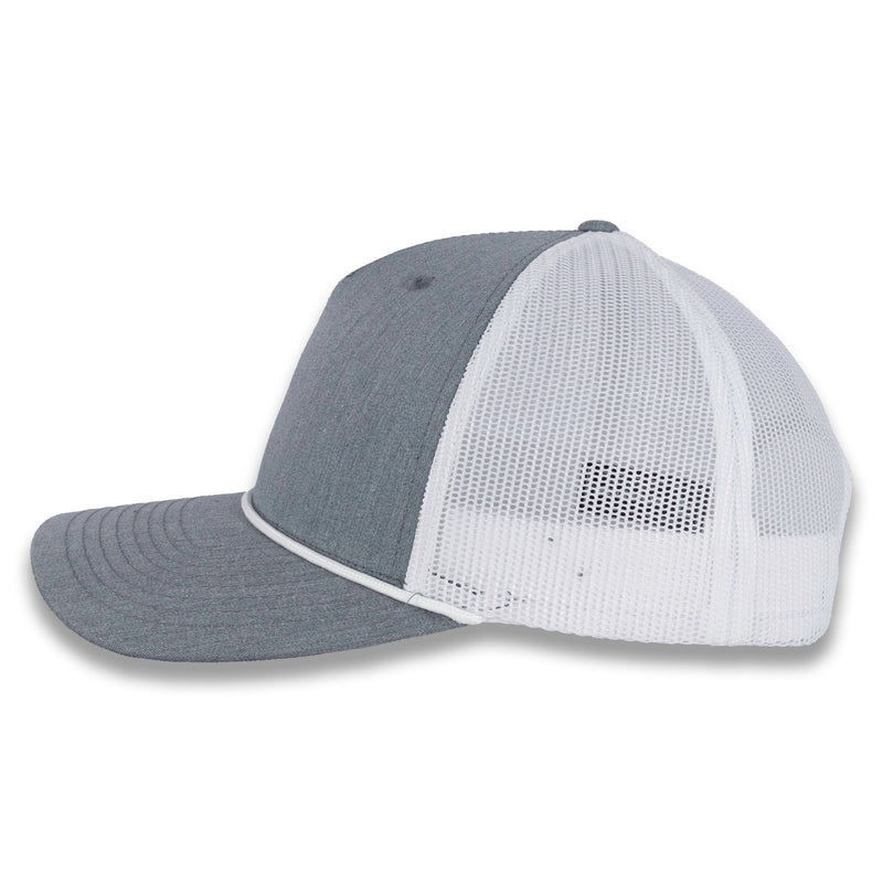 Richardson Five Panel Trucker with Rope Cap - Heather Gray with White Mesh and White Rope